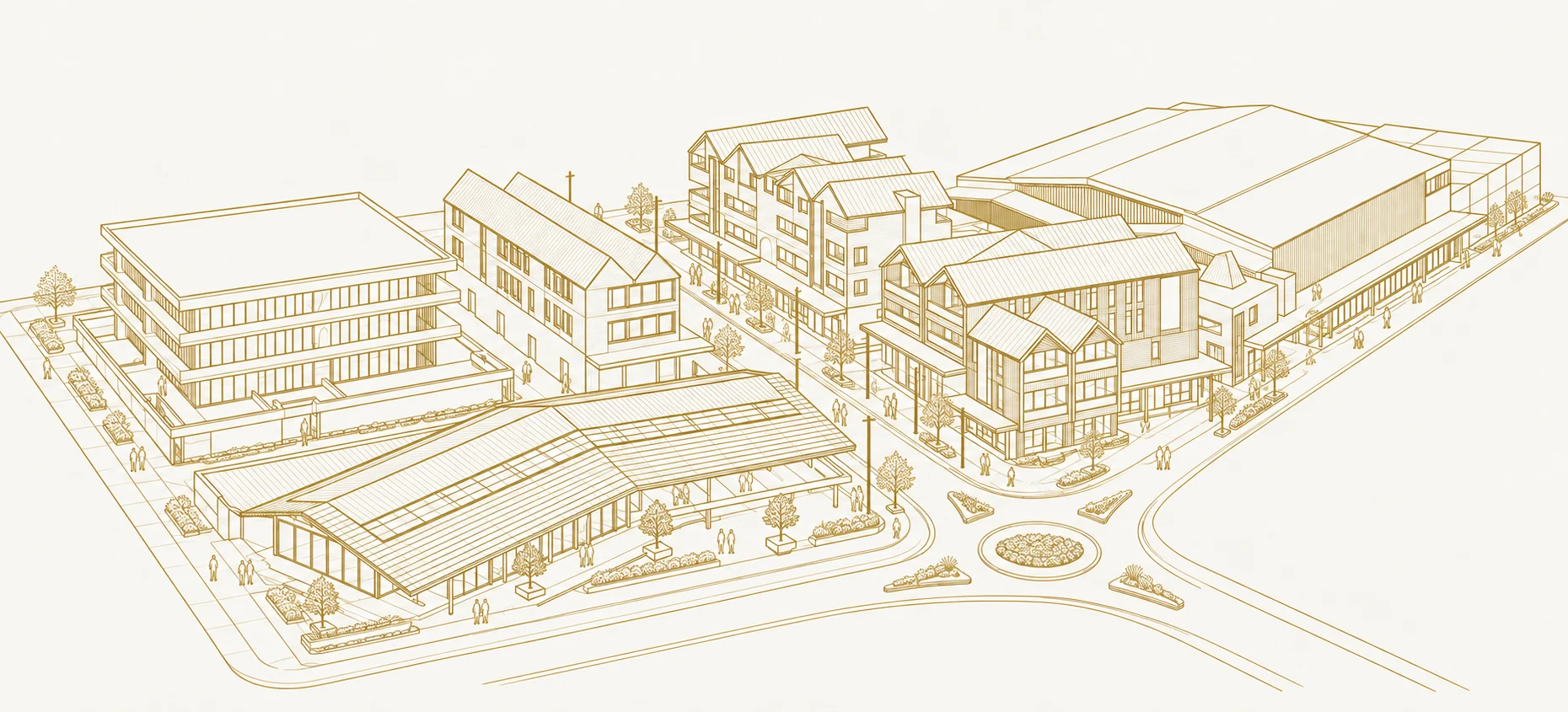 Gold line illustration based on the Long Bay Village design, with people on footpaths and landscaping around the village streets.