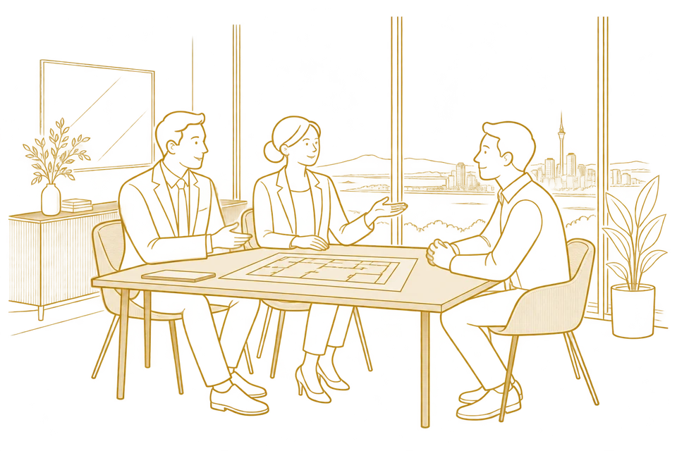 Gold line illustration of two property managers welcoming a customer to discuss a property plan.
